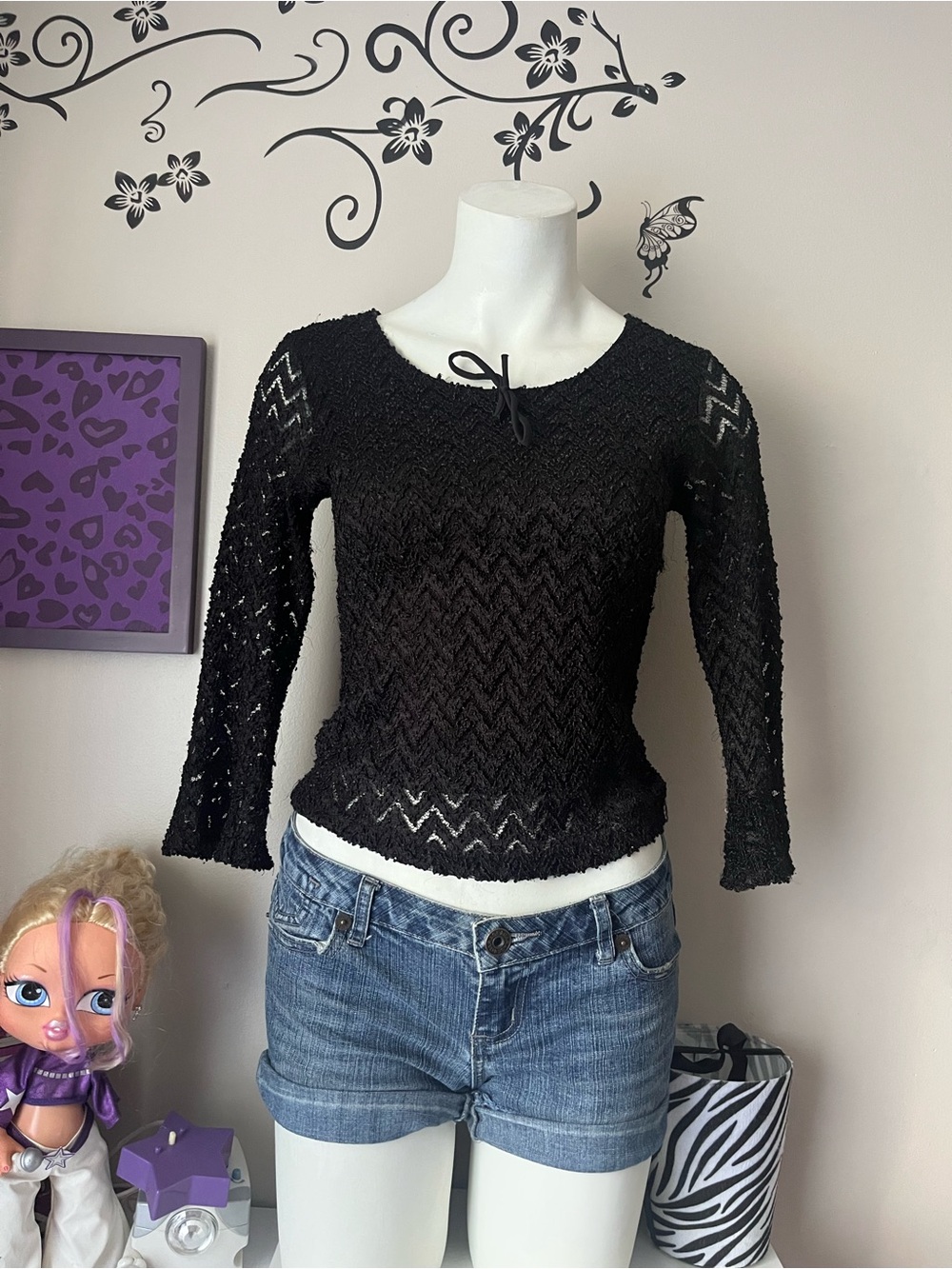 Women's Black Crochet Knit Tie-Neck Pullover